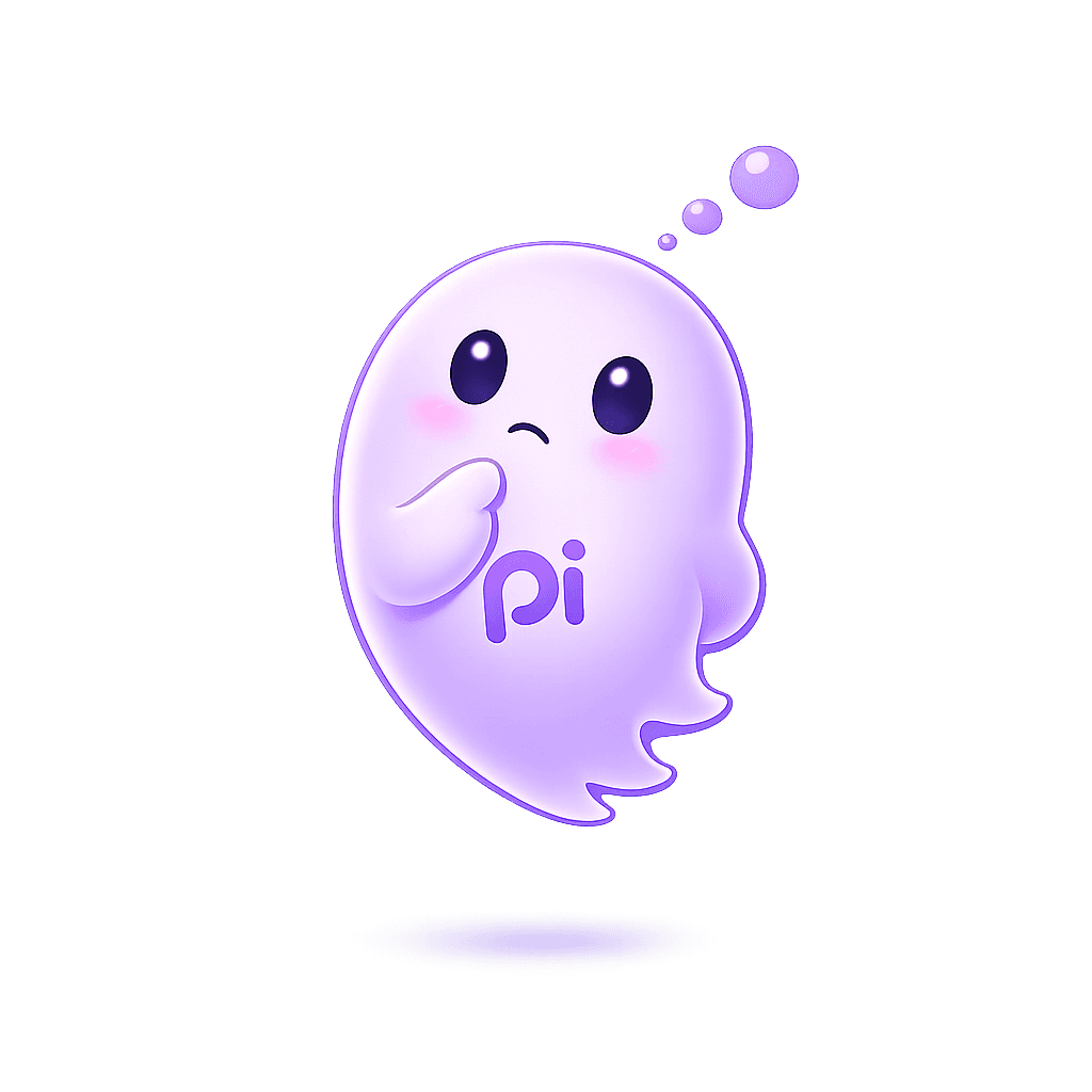 Mascote Pi pensativo, com bolhas de pensamento